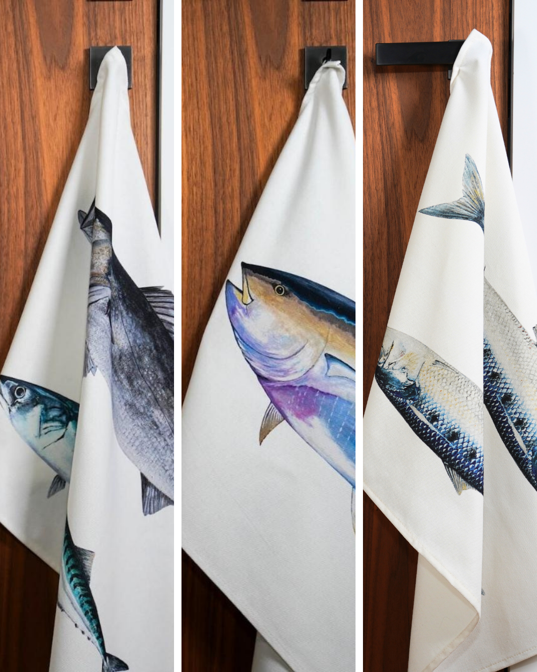 Set of 3 100% cotton tea towels: Fish from our coasts