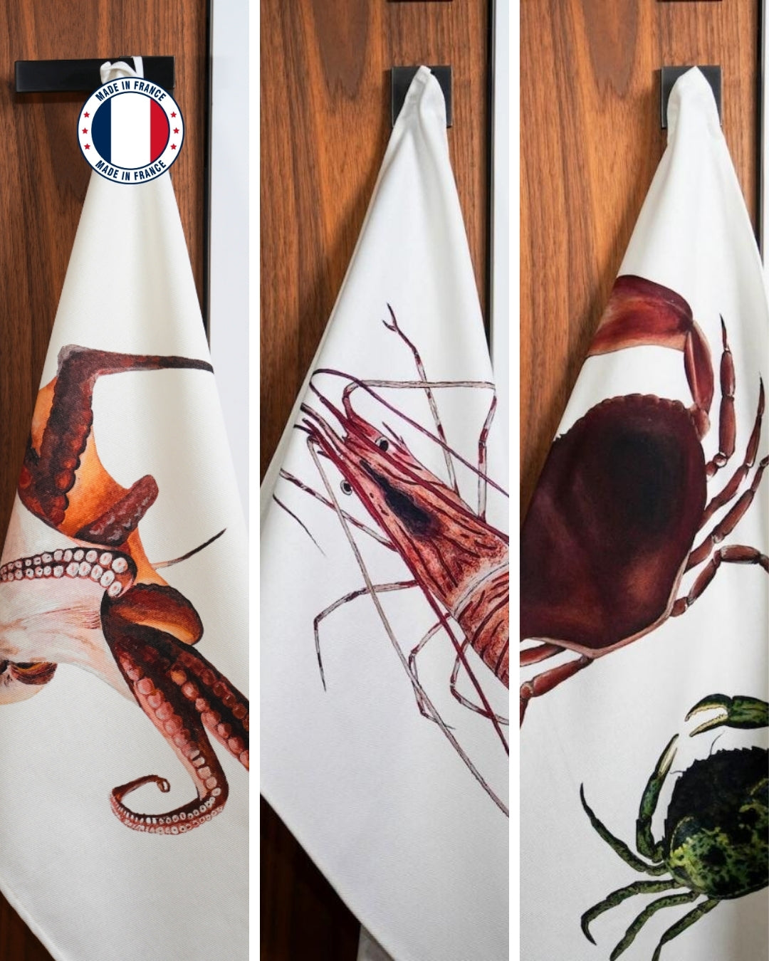 Lot de 3 Torchons 100% coton : Poulpe, Crevette & Crabes