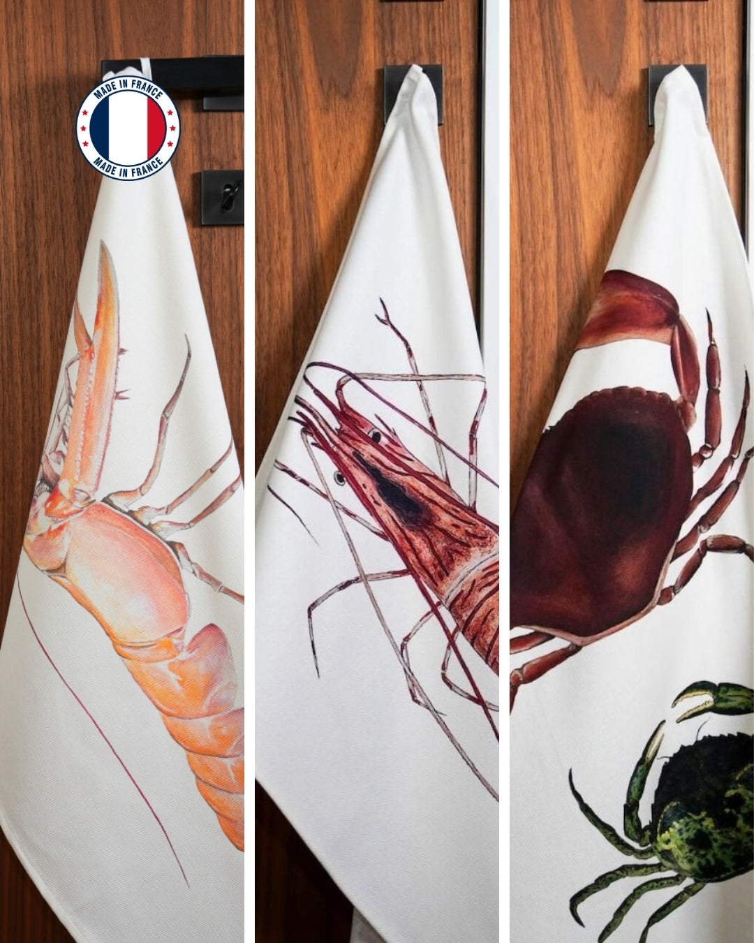 Lot de 3 Torchons 100% coton : Langoustine, Crabes & Crevette