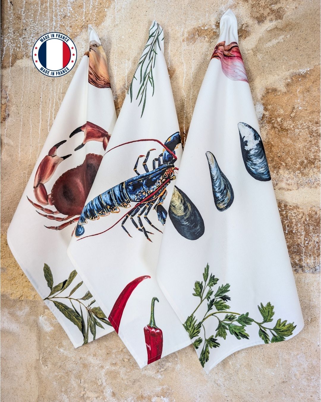 Lot de 3 Torchons 100% coton : Les Recettes de Fruits de Mer
