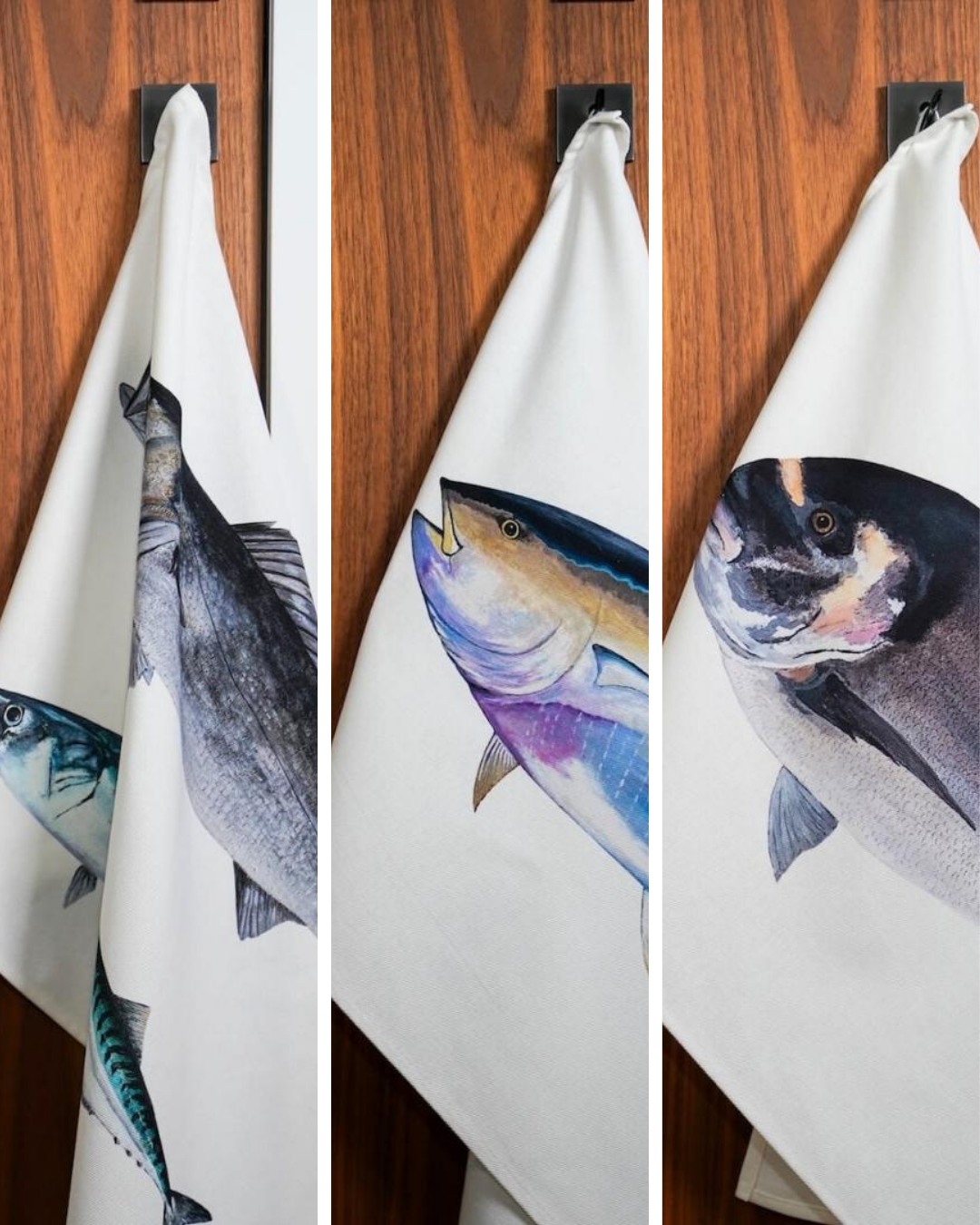 Set of 3 100% cotton tea towels: Fish from our coasts