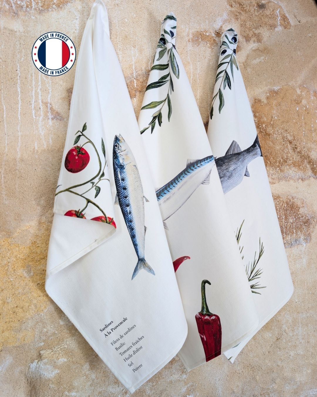 Lot de 3 Torchons 100% coton : Les Recettes de Poissons