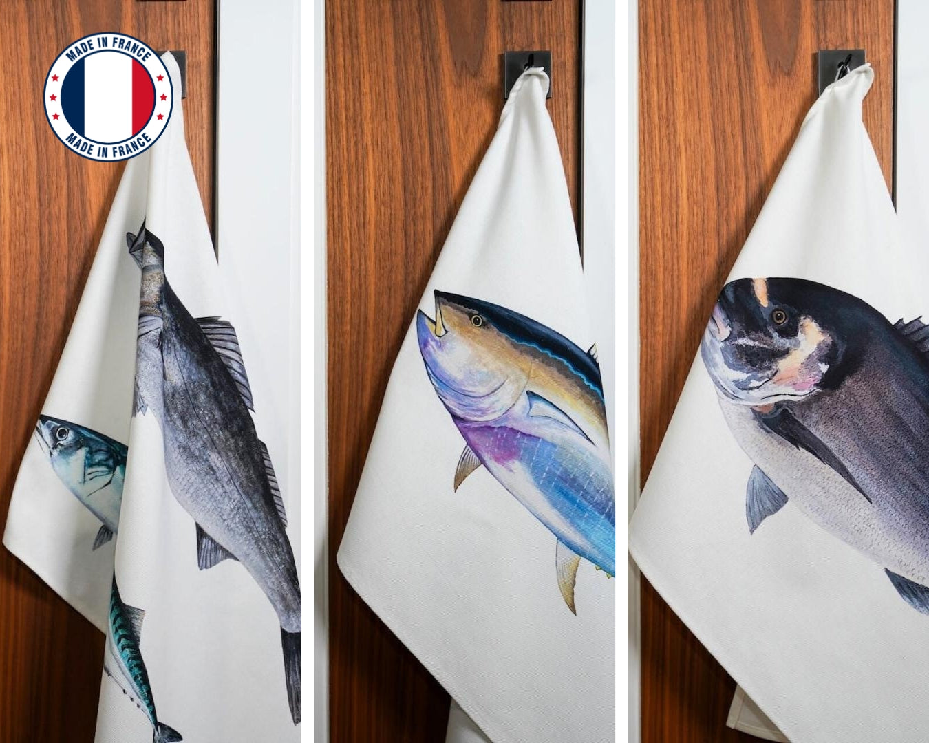 Set of 3 100% cotton tea towels: Fish from our coasts