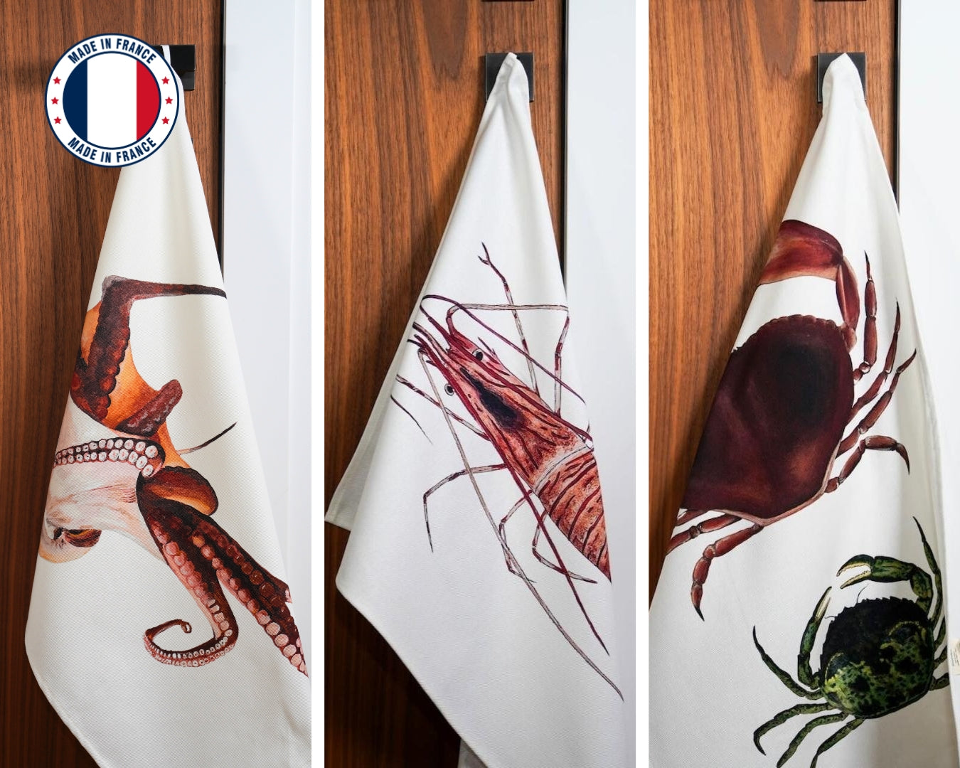 Set of 3 100% cotton tea towels: The crustaceans of the tide