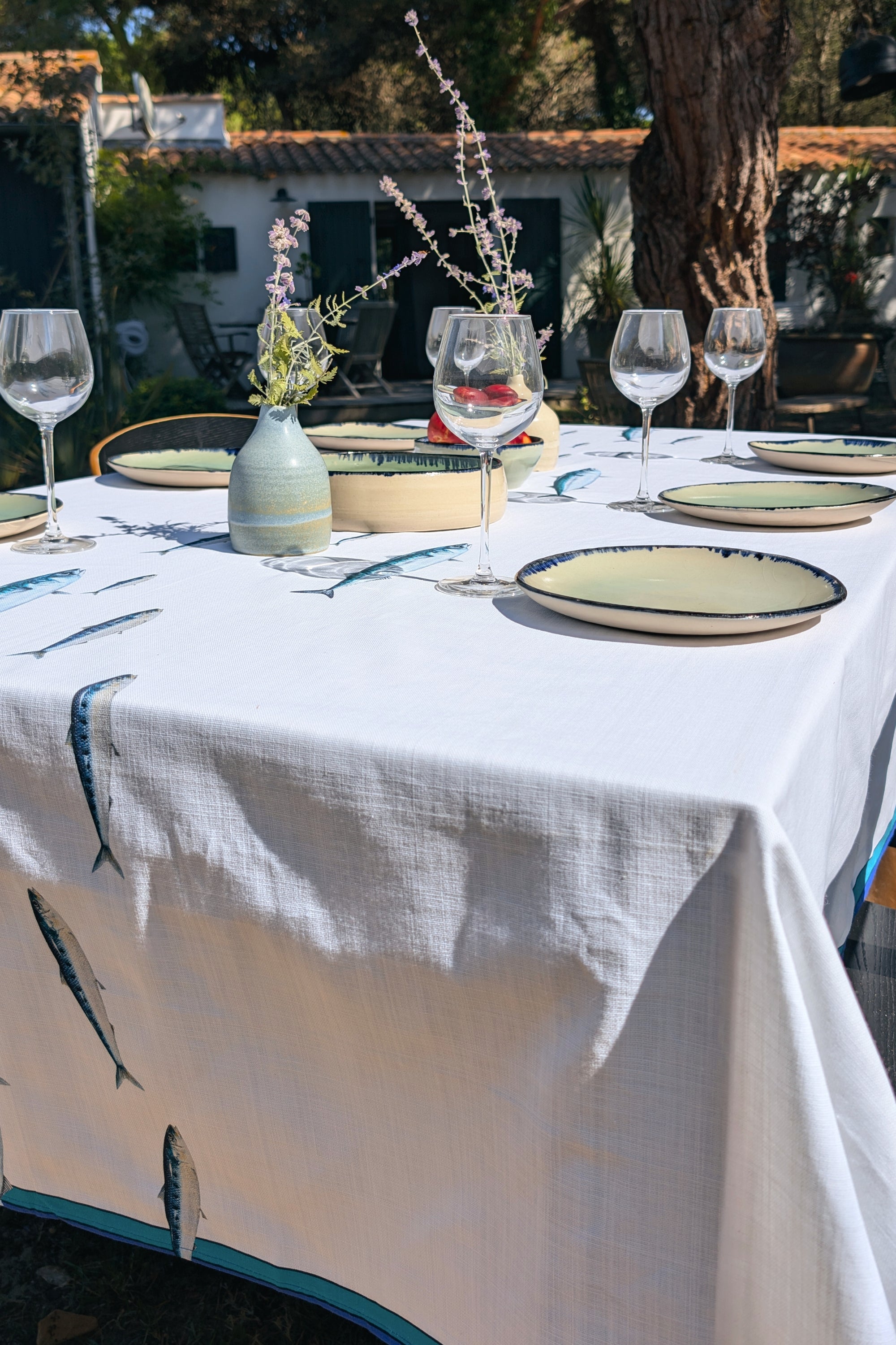 Nappe en coton natté 6 couverts :  2.50m x 160cm - banc de sardines & maquereaux