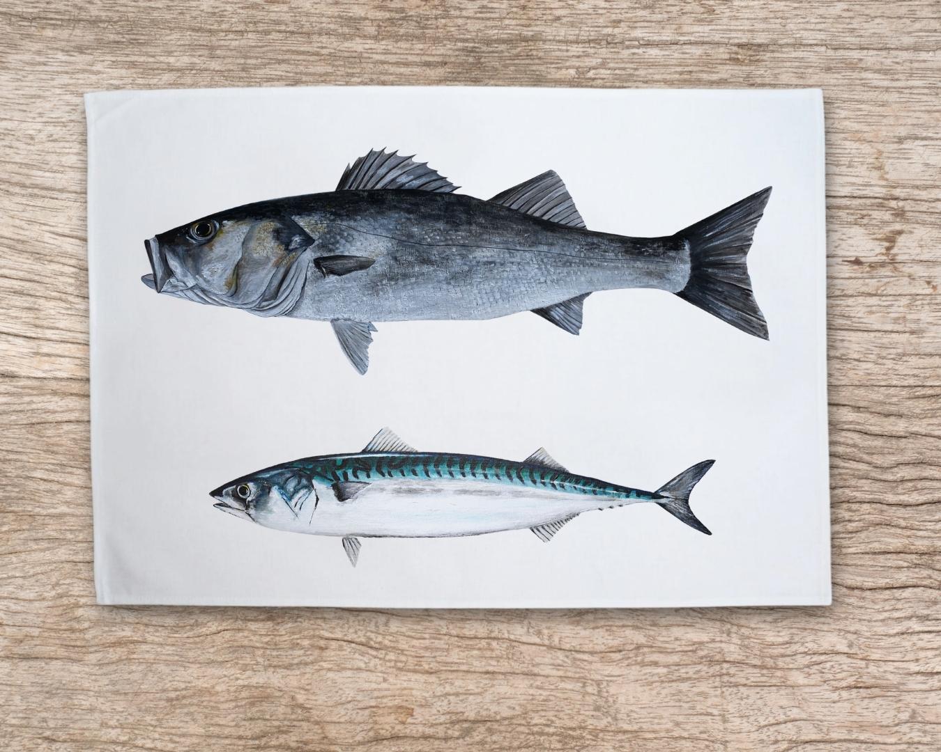 100% cotton tea towel: The Bass and the Mackerel