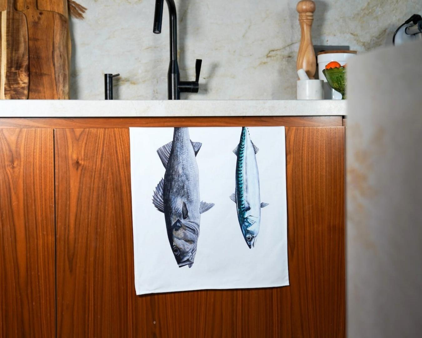 100% cotton tea towel: The Bass and the Mackerel