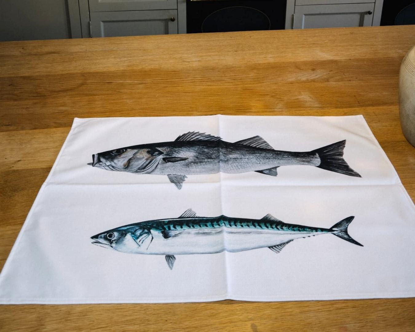 100% cotton tea towel: The Bass and the Mackerel